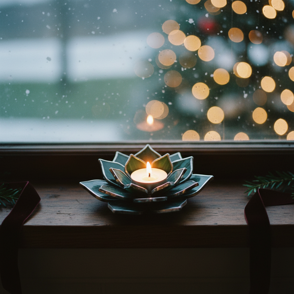 Green Goddess candle holder by winter window