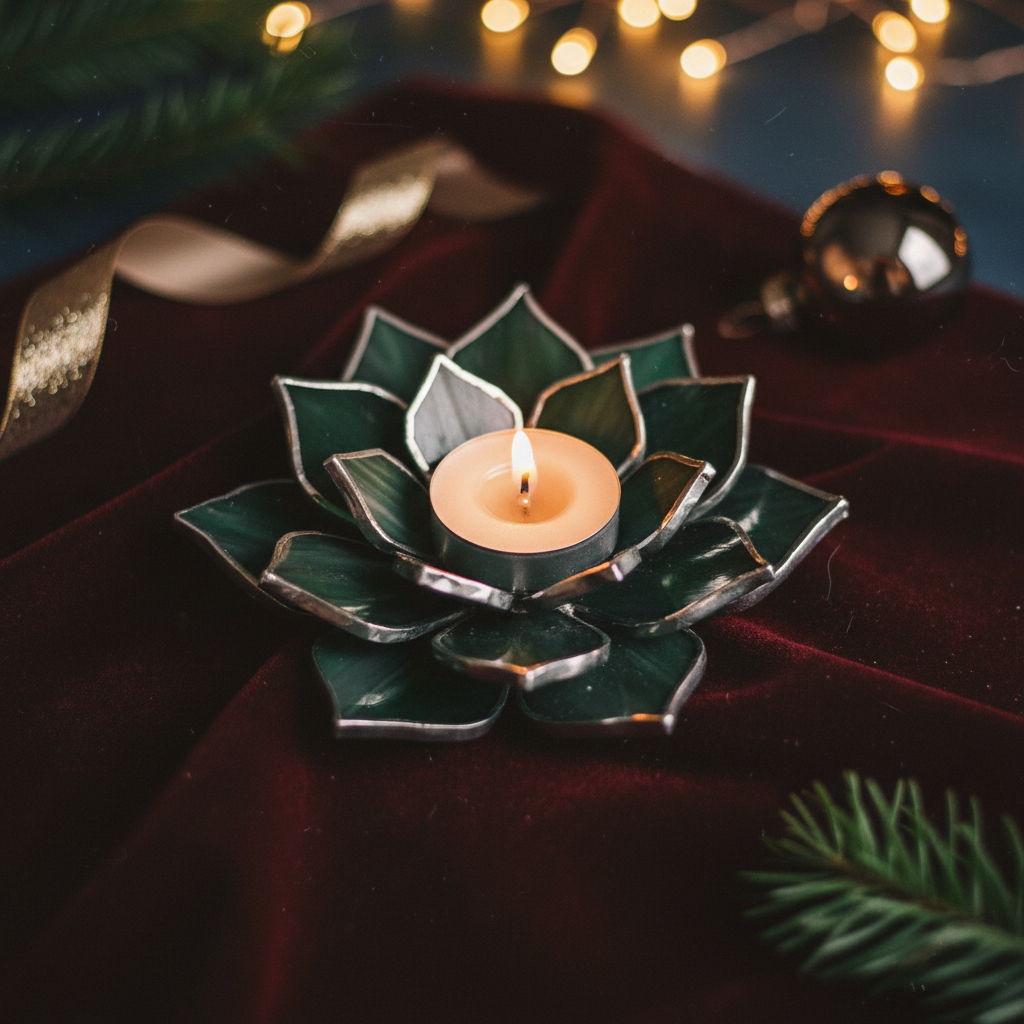 Green Goddess candle holder on oxblood velvet