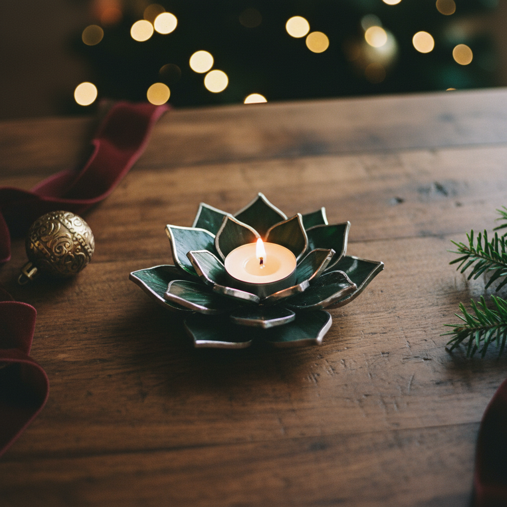 Green Goddess candle holder on walnut