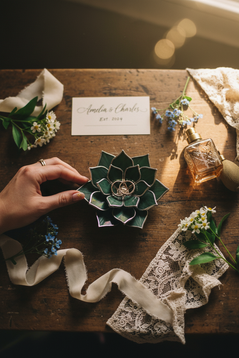 Hand holding a green lotus-shaped glass ring holder on a wooden surface with flowers and lace.