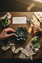 Hand holding a green lotus-shaped glass ring holder on a wooden surface with flowers and lace.