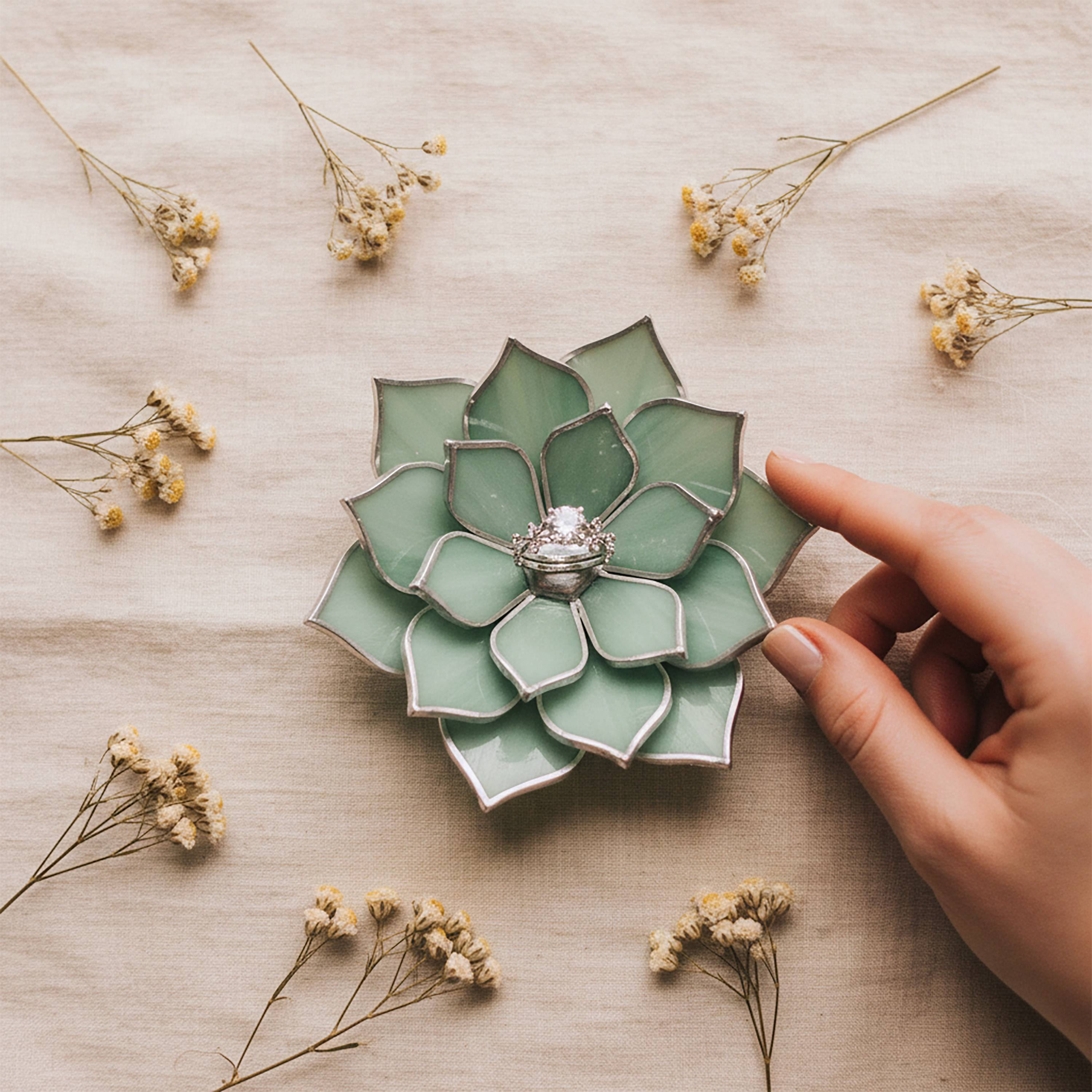 Hand holding a green stained glass flower-shaped ring holder with a ring inside, surrounded by dried flowers on a wooden surface.