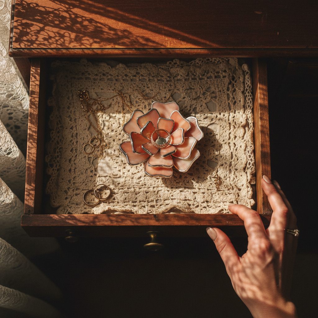 Stained Glass Flower Ring Holder • Vintage Jewelry Dish for Vanity • Elegant Bedside Decor