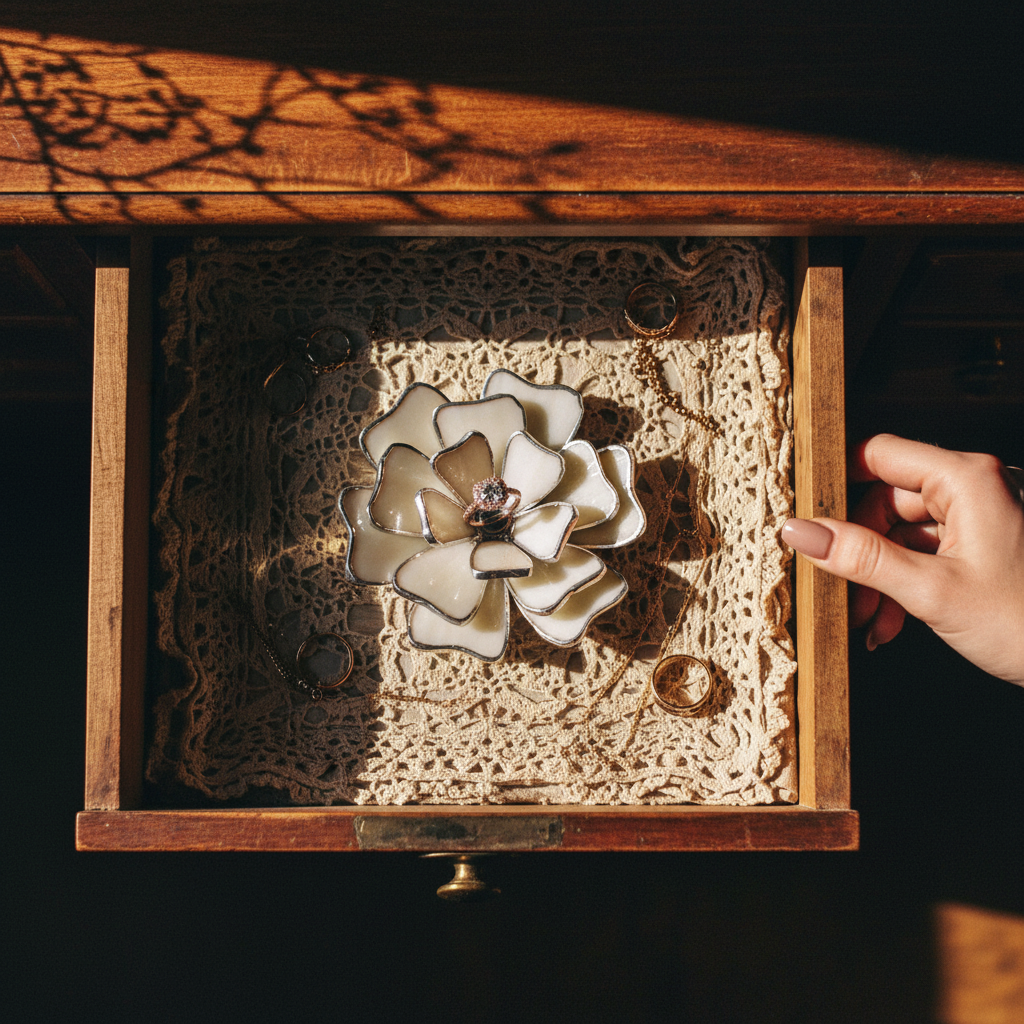 Stained Glass Flower Ring Holder • Vintage Jewelry Dish for Vanity • Elegant Bedside Decor