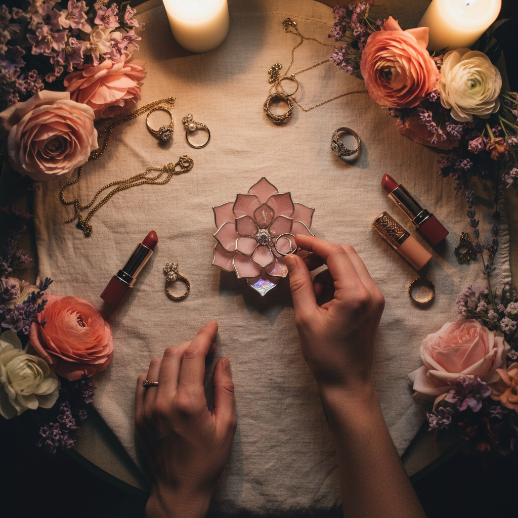 El Yapımı Opal Vitray Yüzük Tabağı – Çiçek Şeklinde Takı Tutucu