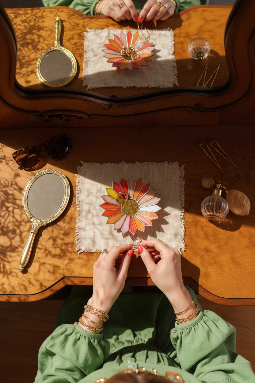 stained glass colorful flower ring holder on vintage vanity with mirror reflection and hands, elegant jewelry tray