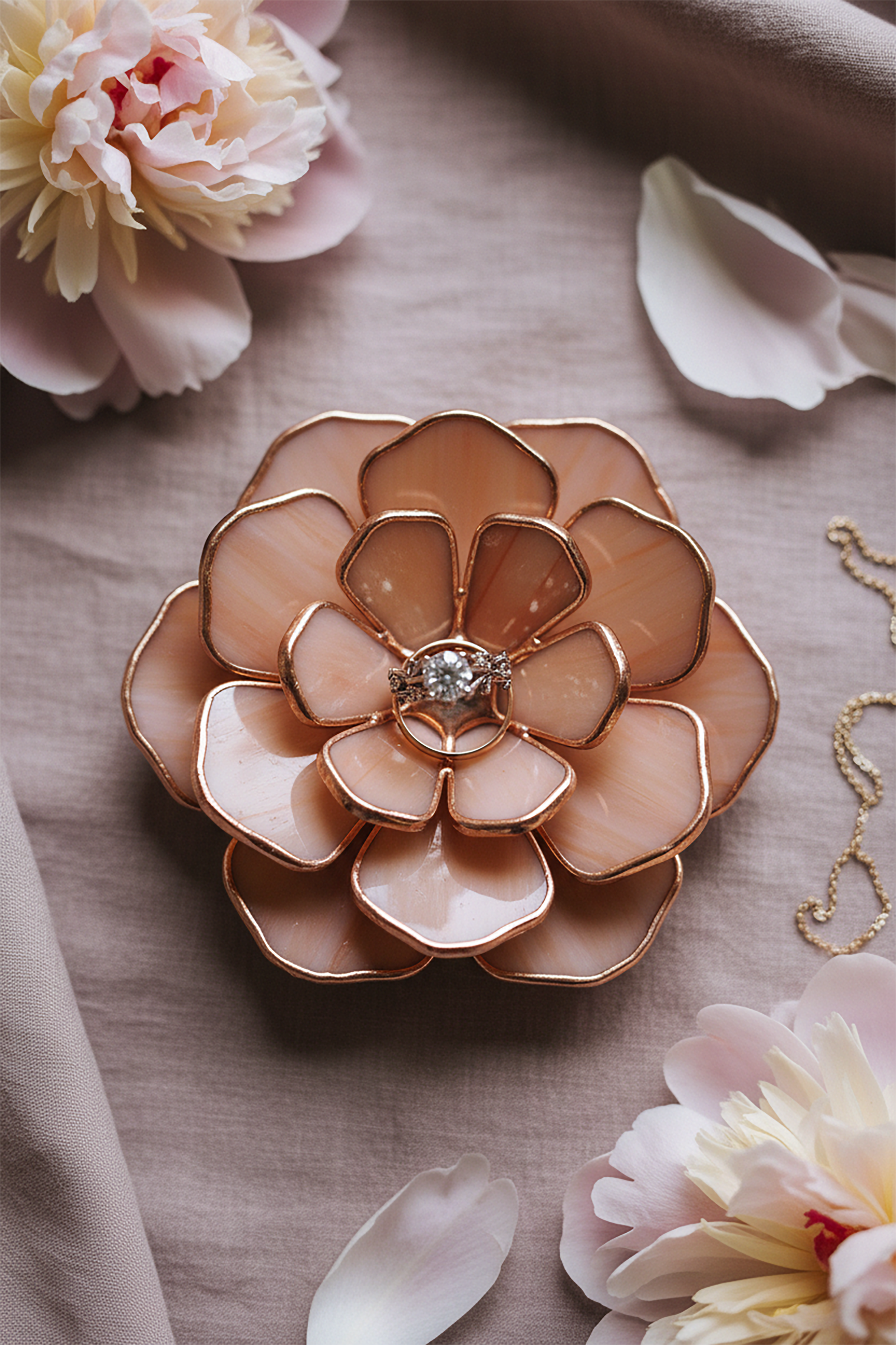 Decorative peony shaped wrring ring holder dish with a diamond ring in the center, surrounded by flowers and jewelry on a textured surface.