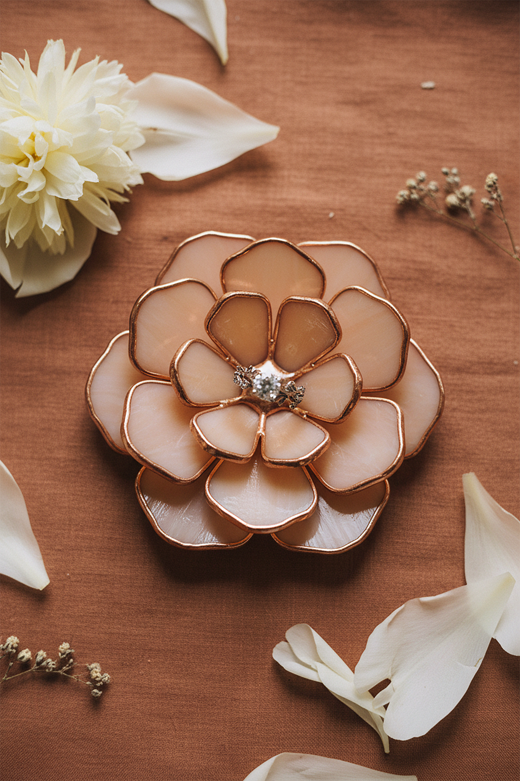 Decorative peony-shaped wedding ring holder with a central gemstone on a wooden surface with white flowers.