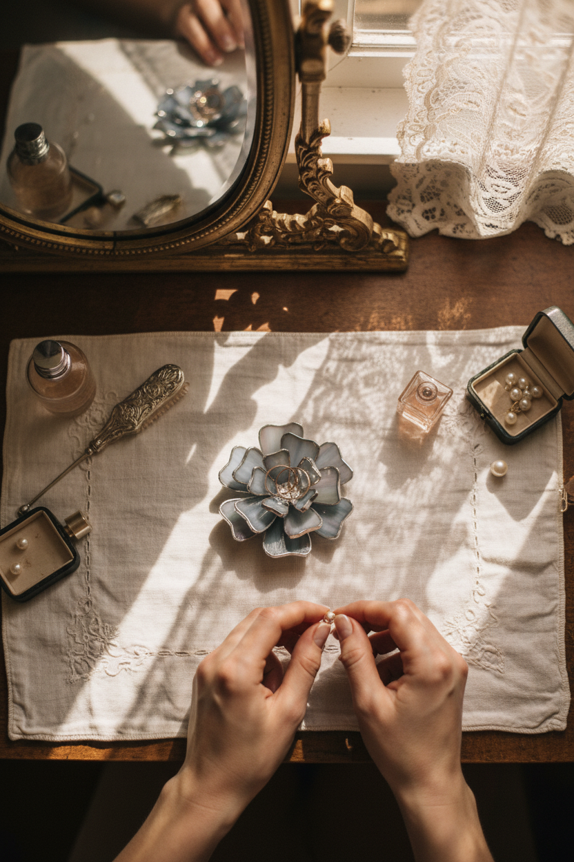 Stained Glass Flower Ring Holder • Vintage Jewelry Dish for Vanity • Elegant Bedside Decor