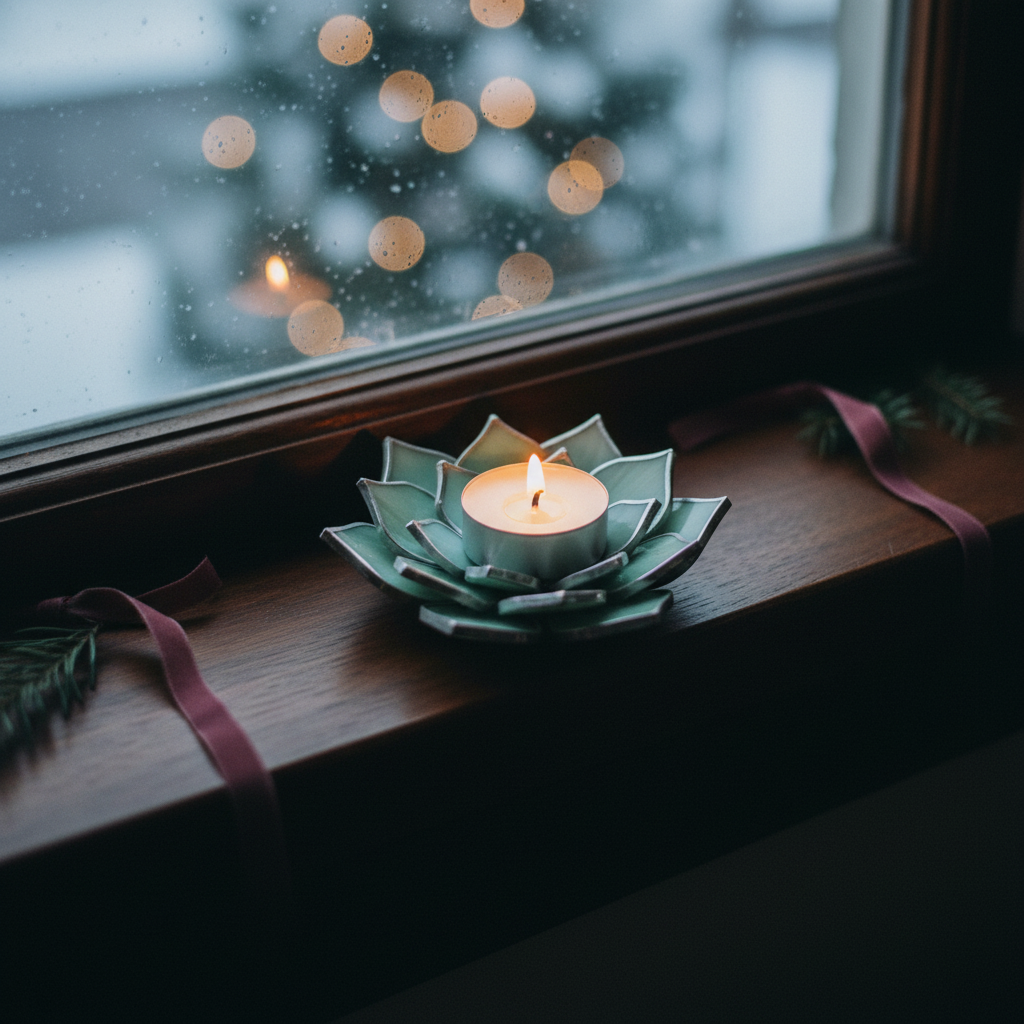 Mint candle holder by a vintage winter window