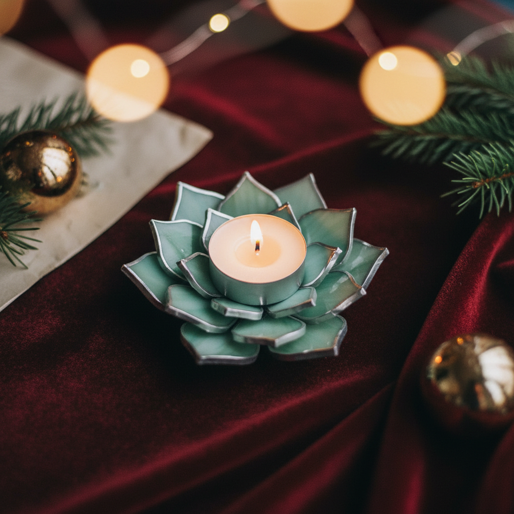 Mint candle holder on oxblood velvet