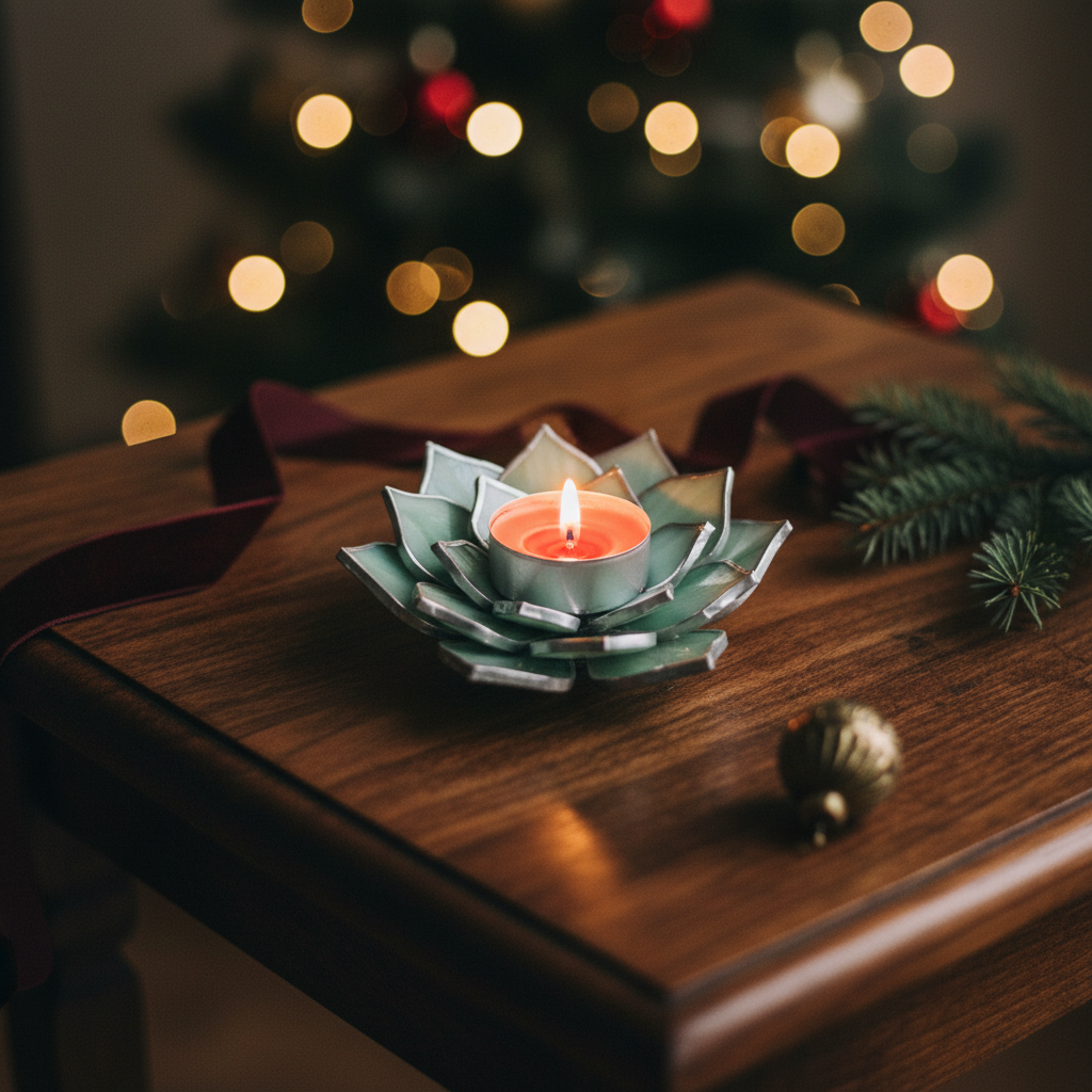 Mint candle holder on vintage walnut