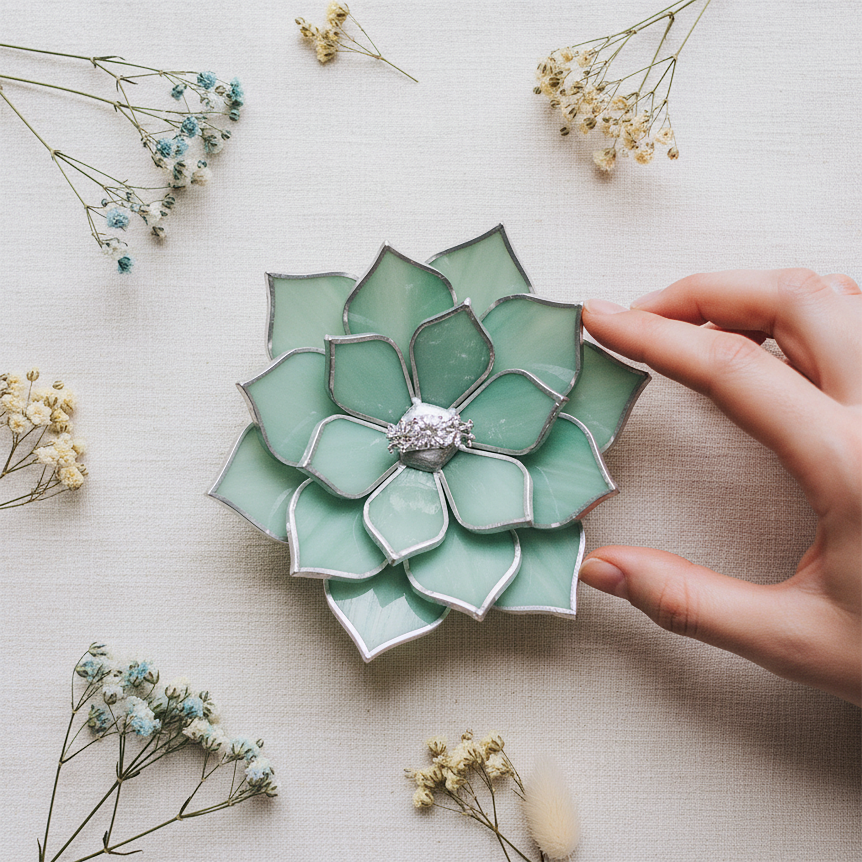 Hand holding a glass flower shaped jewelry dish on a light surface with small flowers around
