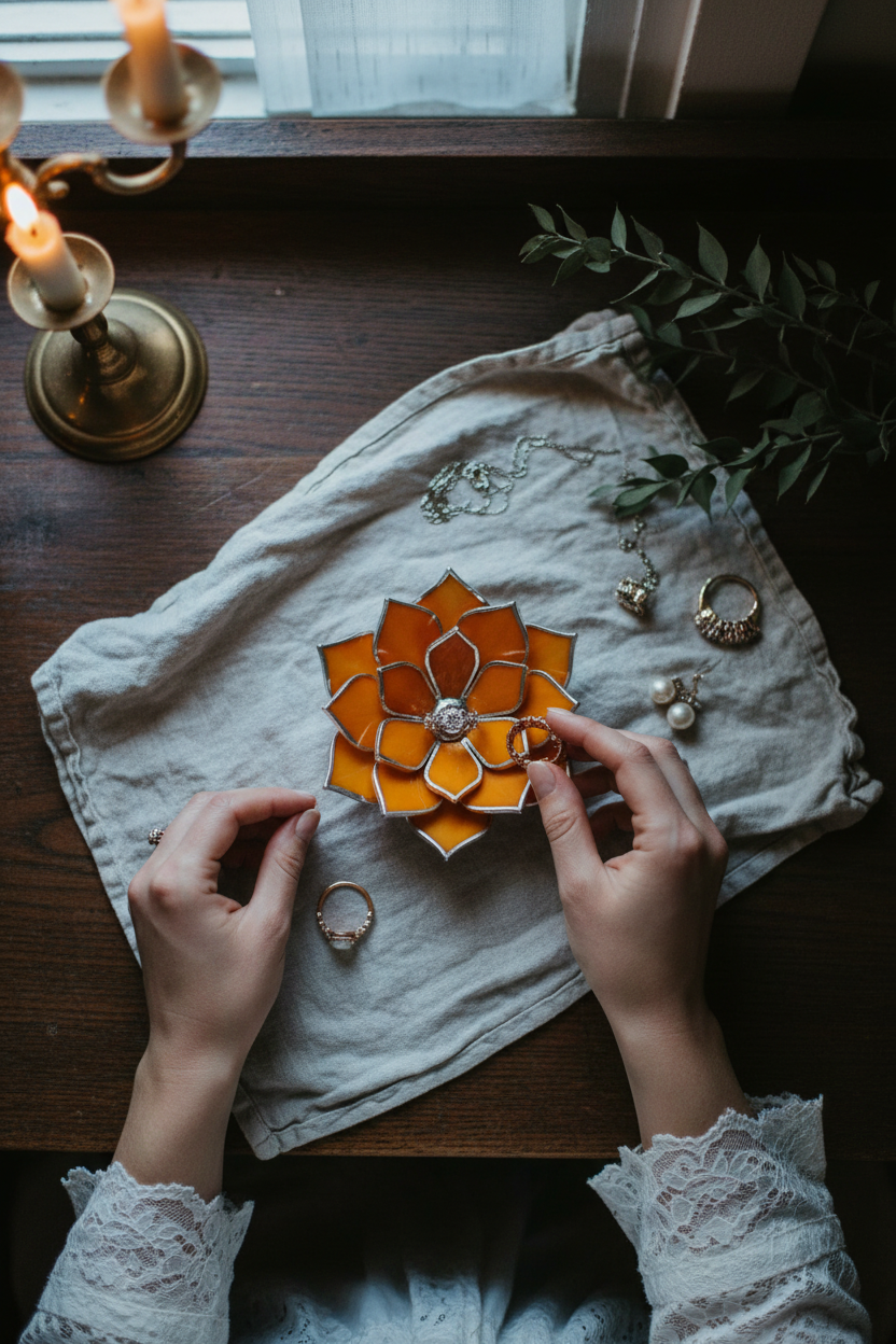 El Yapımı Opal Vitray Yüzük Tabağı – Çiçek Şeklinde Takı Tutucu