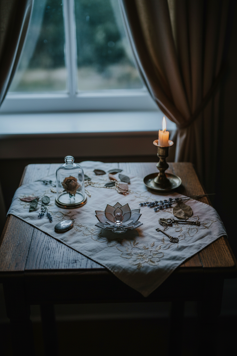 Dark wedding scene with candlelit ring dish, velvet ribbon and dramatic styling