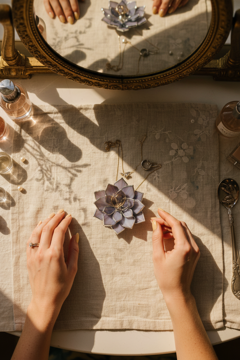 Glass Succulent Jewelry Dish • Handmade Vanity Decor • Vintage Inspired Mom Gift