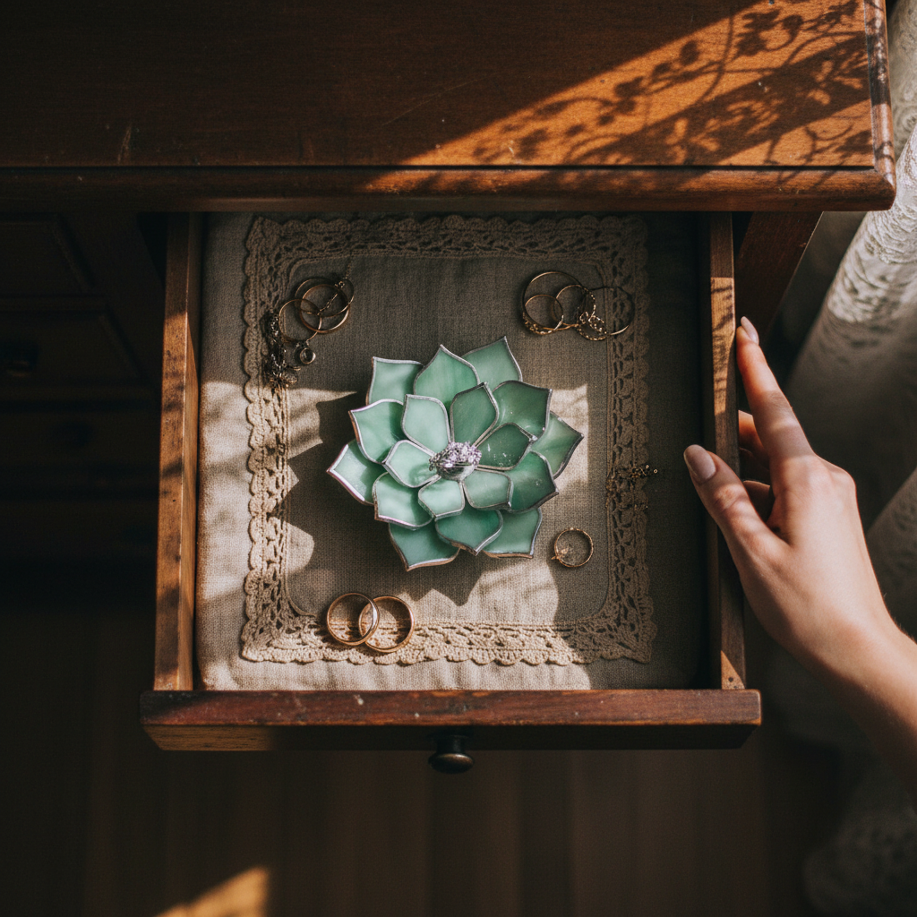 Glass Succulent Jewelry Dish • Handmade Bedside Ring Holder • Vintage Inspired Trinket Tray
