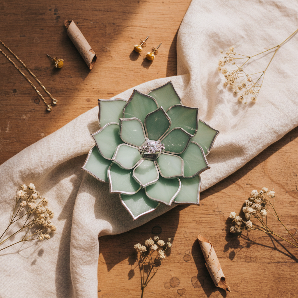 Stained Glass Succulent Ring Dish for Wedding Flatlay Photos • Ceremony Ring Holder