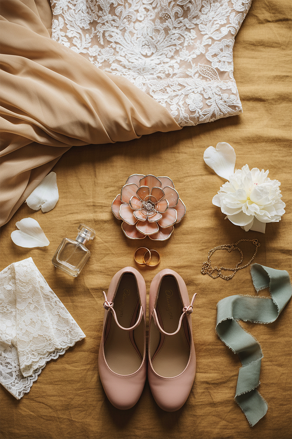 A bridal flat lay featuring a peony shaped blush pink ring holder, pink vintage shoes and lace wedding gown on a mustard linen fabric surface with decorative elements like flowers, jewelry, perfume bottle and ribbons.