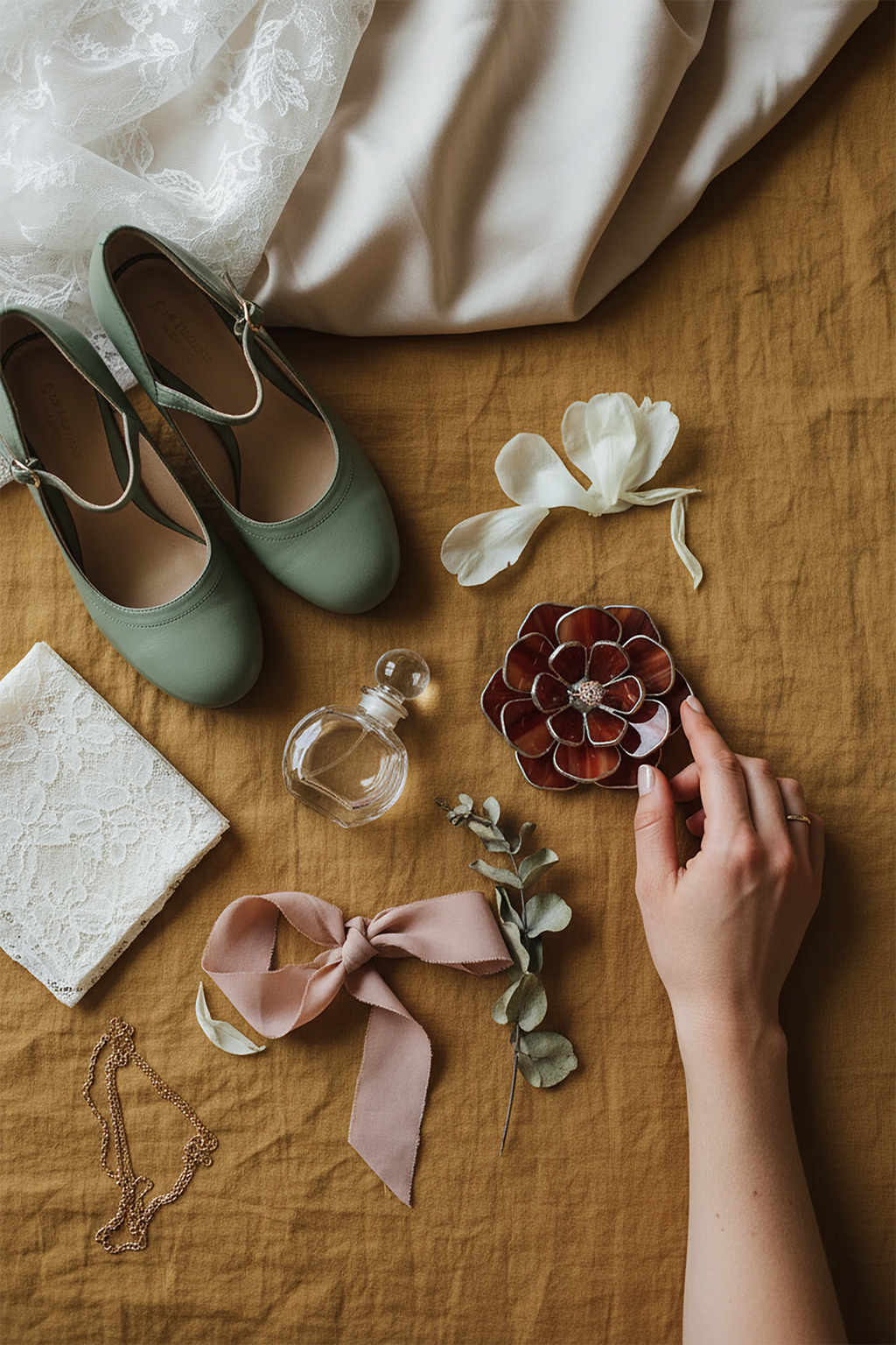 Bride touching gently to a stained glass flower shaped wedding ring dish on a mustard sheet.  Green shoes, perfume bottle, decorative flowers are also in the frame. Bridal morning details.