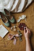 Bride touching gently to a stained glass flower shaped wedding ring dish on a mustard sheet.  Green shoes, perfume bottle, decorative flowers are also in the frame. Bridal morning details.