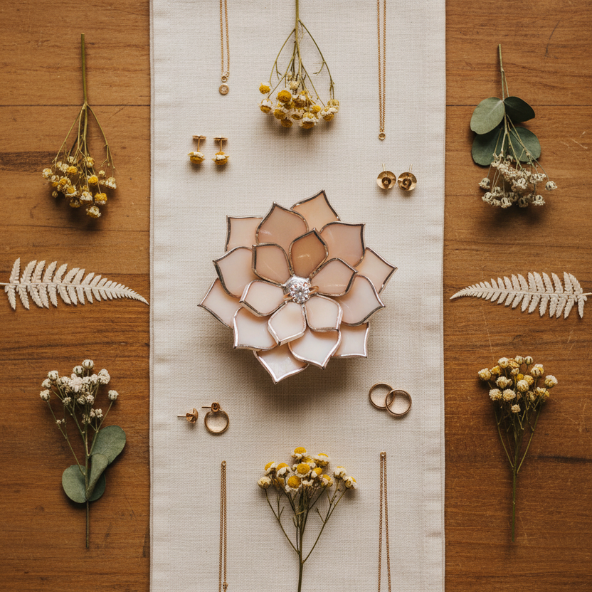 Handmade pale blush stained glass proposal ring dish with jewelry and dried flowers