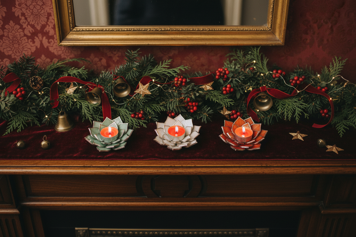 Overhead old-world mantel with three succulent candle holders