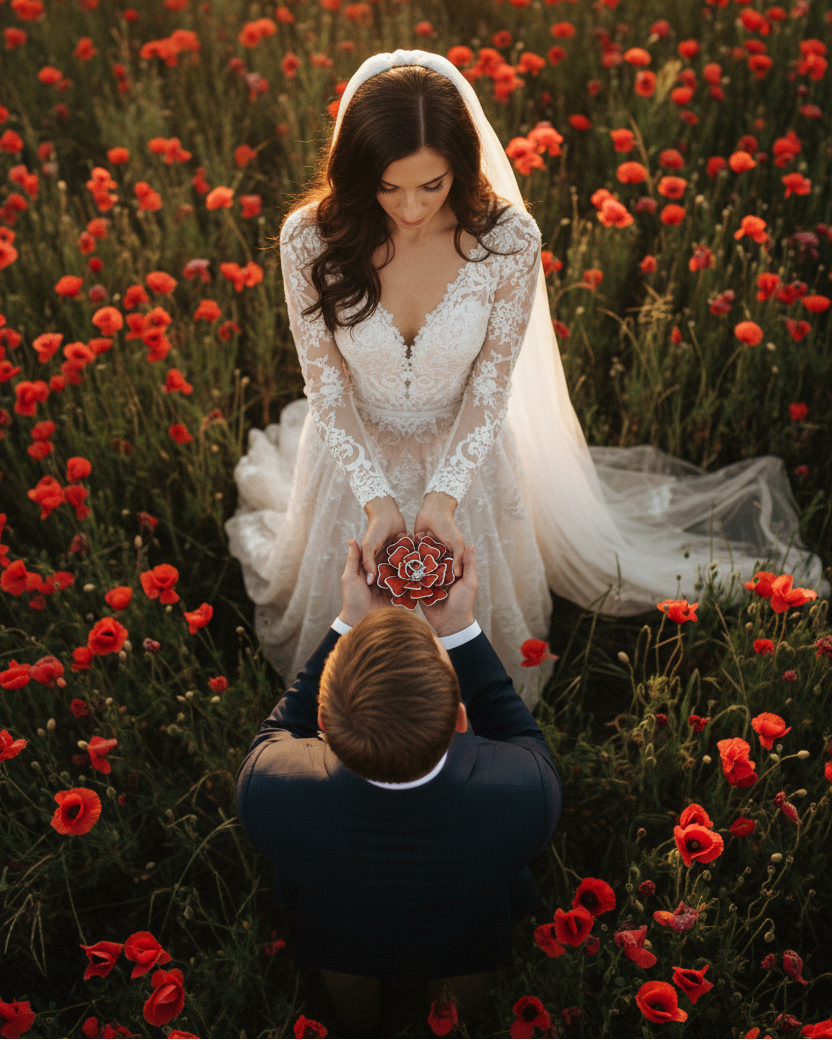 Woman in a wedding dress holding a red flower ring dish in a field of red flowers, with a man kneeling in front of her.