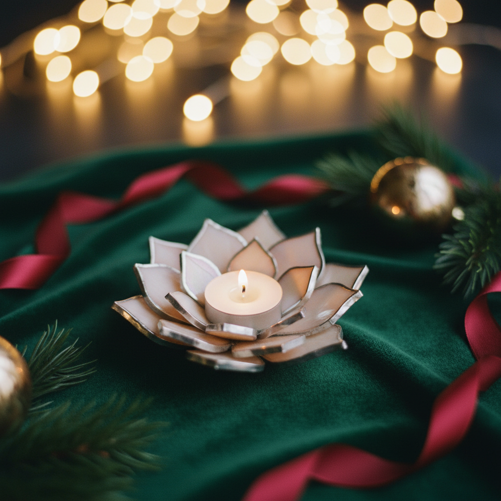 Pink candle holder on forest green velvet