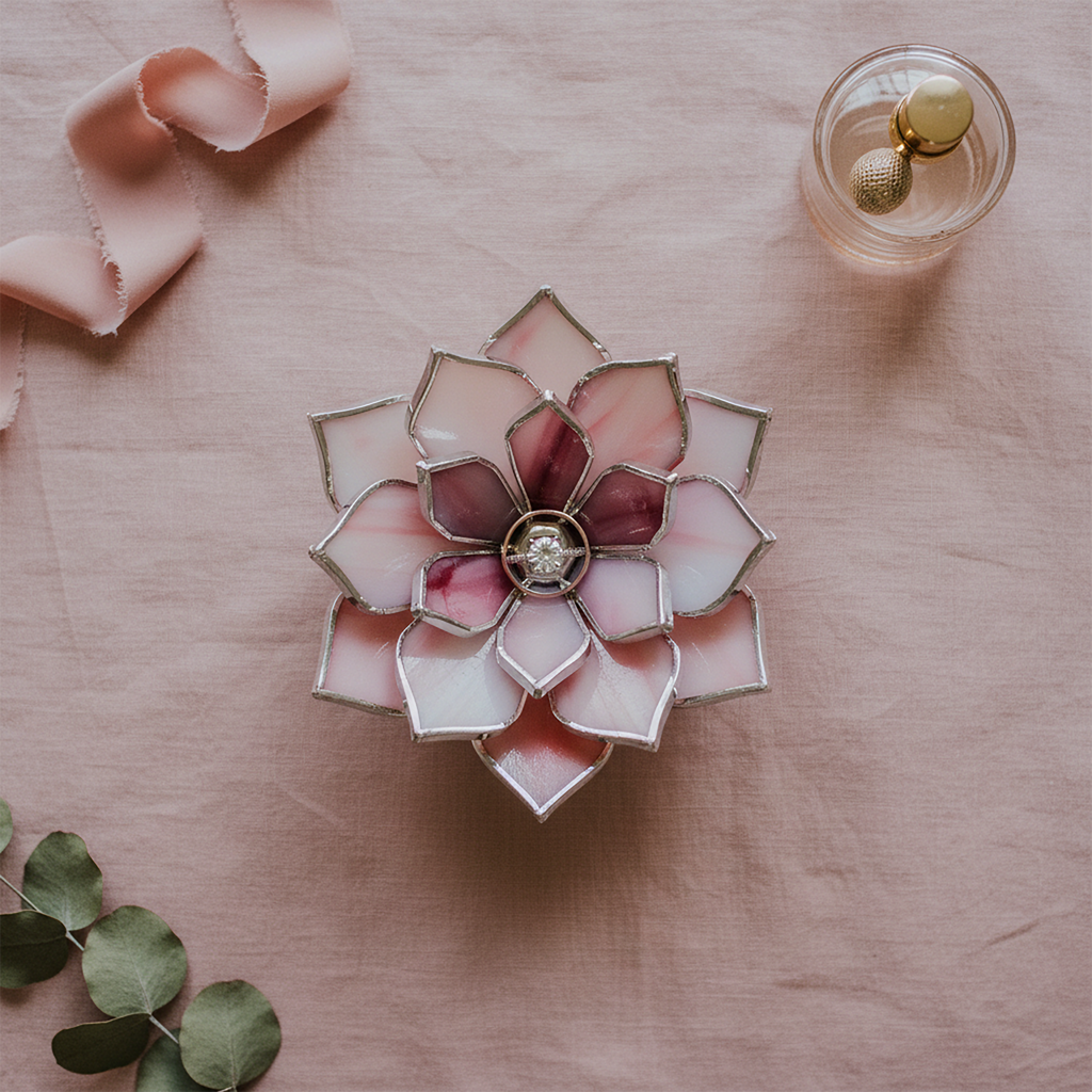 Handmade stained glass flower ring dish in dusty rose, blush pink, and soft ivory tones with silver edges, featuring a central ring holder displaying an engagement ring; styled on neutral blush fabric with ribbon and perfume detail, ideal as a ring holder, wedding ring dish, engagement flat lay prop, and romantic gift for her or couple.