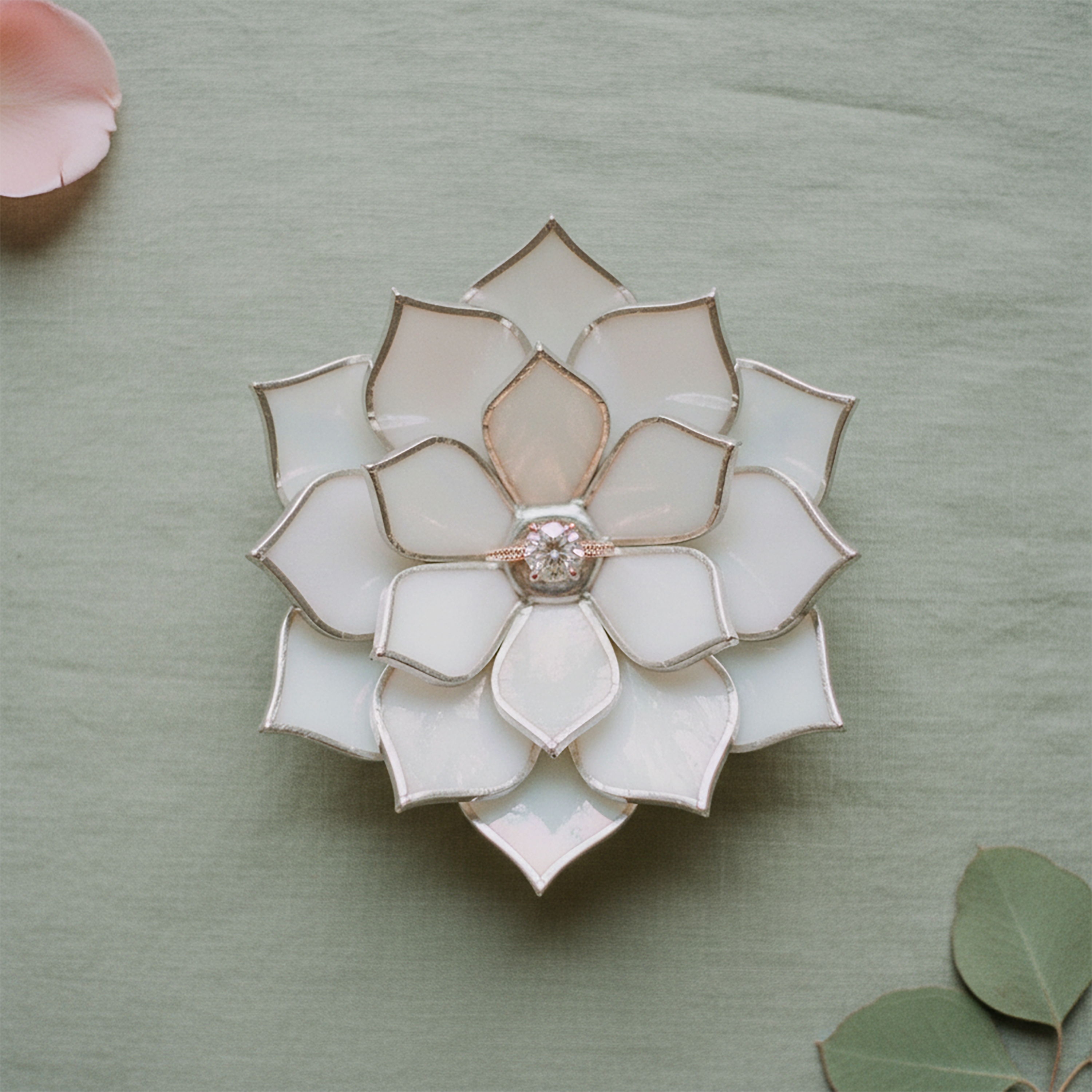 Handmade stained glass flower ring dish in soft ivory white with subtle sage undertones and silver edging, featuring a centered diamond engagement ring; minimal product styling on textured green fabric, ideal for wedding ring holder, engagement flat lay photography, ceremony detail, and elegant heirloom gift for bride or couple.