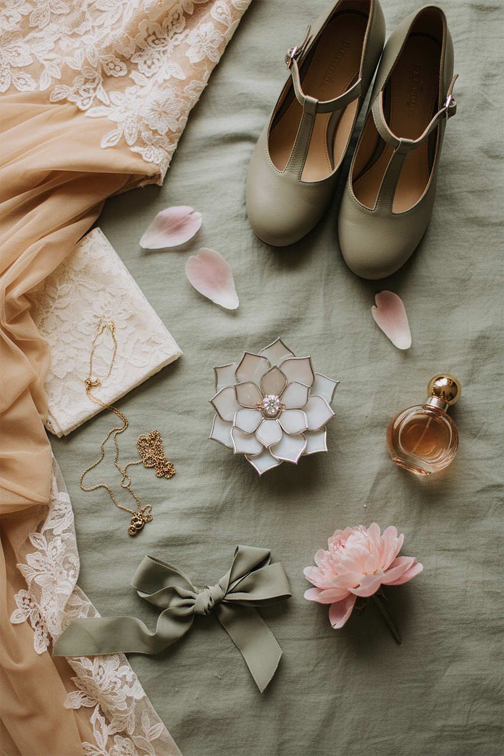 Bridal flat lay featuring a handmade stained glass flower ring dish in soft ivory and sage tones with silver edging, holding a diamond engagement ring at the center; styled with lace wedding dress, sage green shoes, silk ribbon, perfume, and delicate jewelry, ideal as a ring holder for wedding ceremony, engagement flat lay photography, proposal styling, and a timeless heirloom gift for bride or couple.