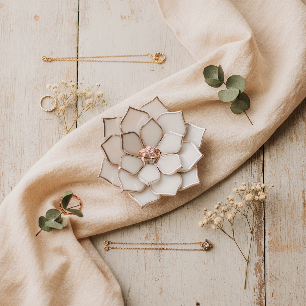 Stained Glass Succulent Ring Dish for Wedding Flatlay Photos • Ceremony Ring Holder