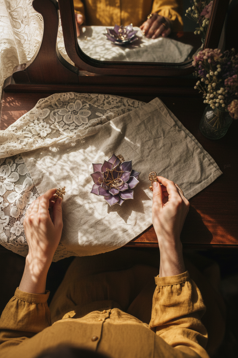 Glass Succulent Jewelry Dish • Handmade Bedside Ring Holder • Vintage Inspired Trinket Tray
