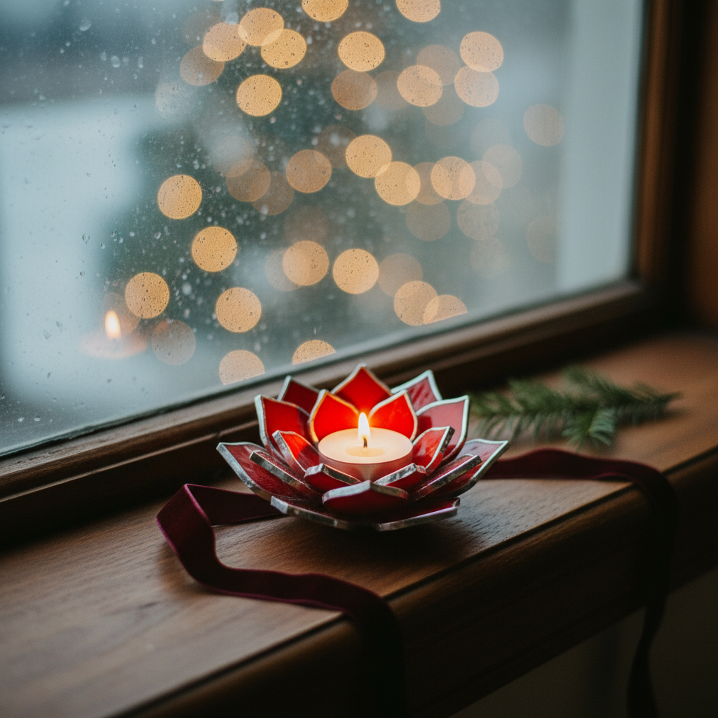 Red succulent candle holder by a vintage winter window