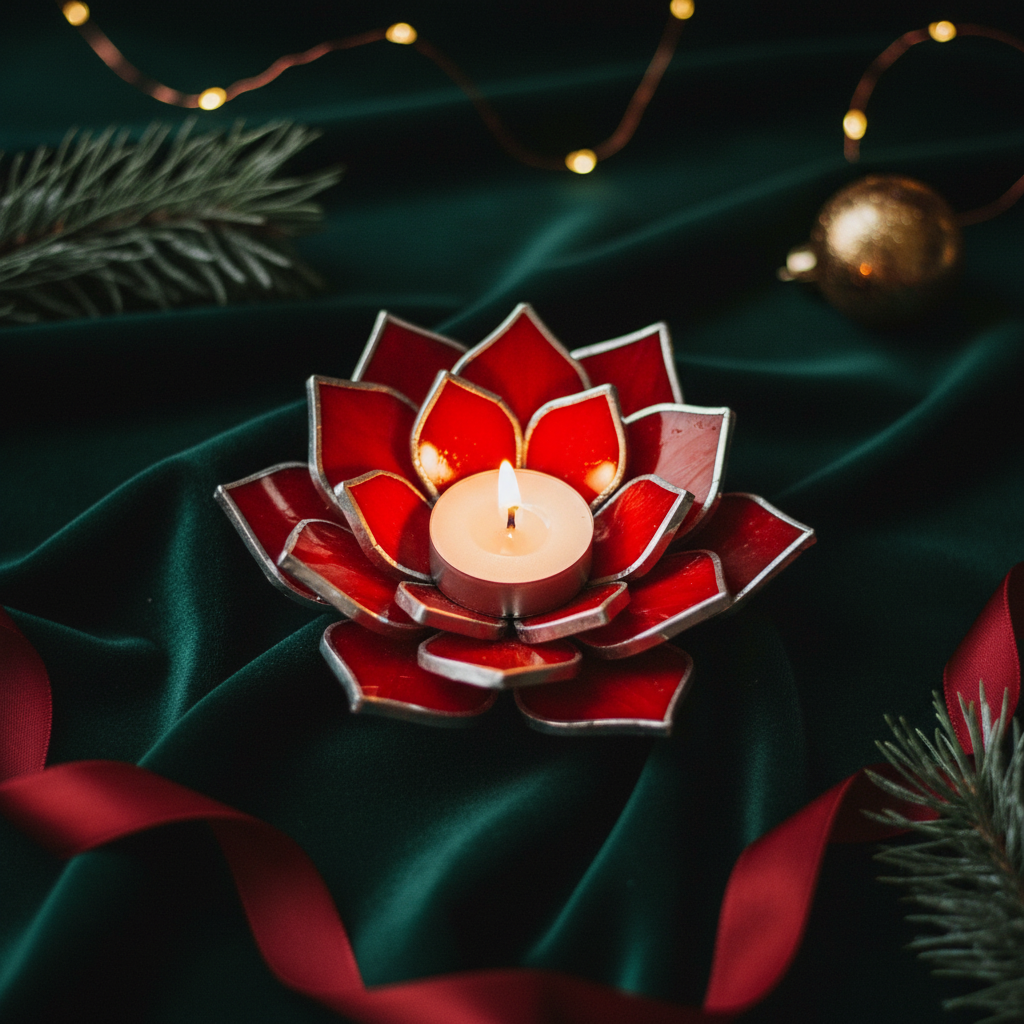 Red succulent candle holder on forest green velvet