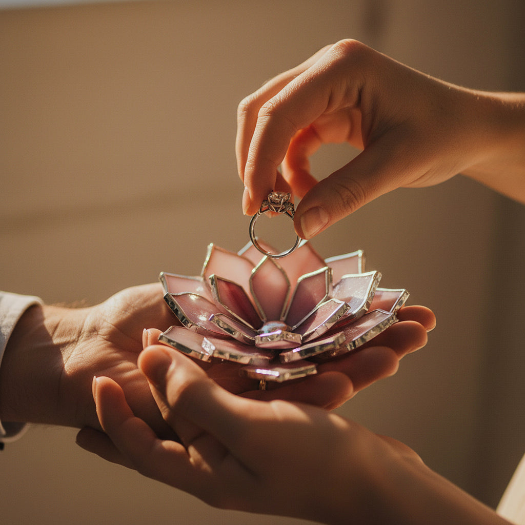 Hands placing an engagement ring onto a handmade stained glass flower ring dish in dusty rose and blush tones with silver edges; intimate proposal or wedding ceremony moment showing ring holder use, ideal for engagement photography, ring bearer alternative, romantic wedding detail, and meaningful gift for couple.