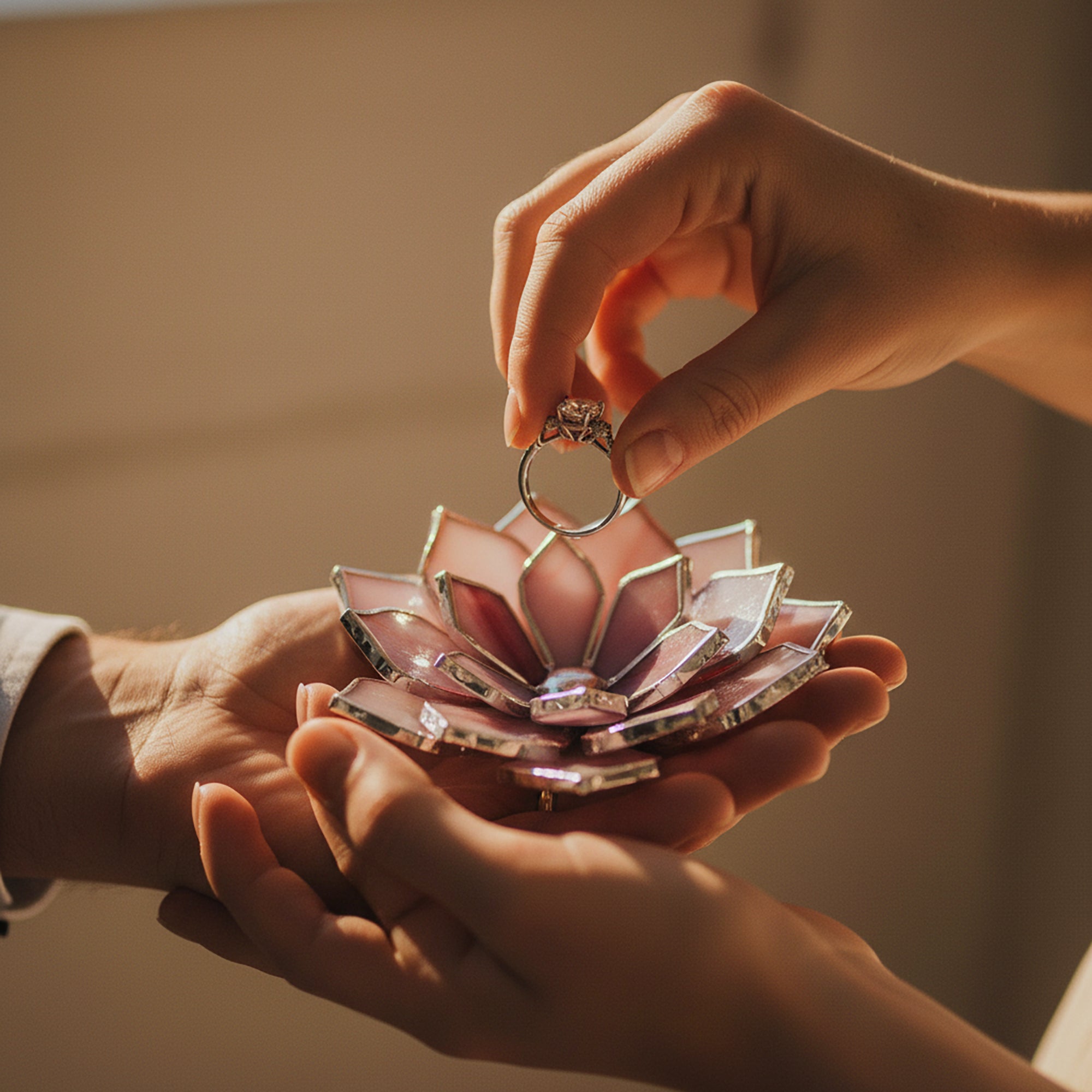 Hands placing an engagement ring onto a handmade stained glass flower ring dish in dusty rose and blush tones with silver edges; intimate proposal or wedding ceremony moment showing ring holder use, ideal for engagement photography, ring bearer alternative, romantic wedding detail, and meaningful gift for couple.