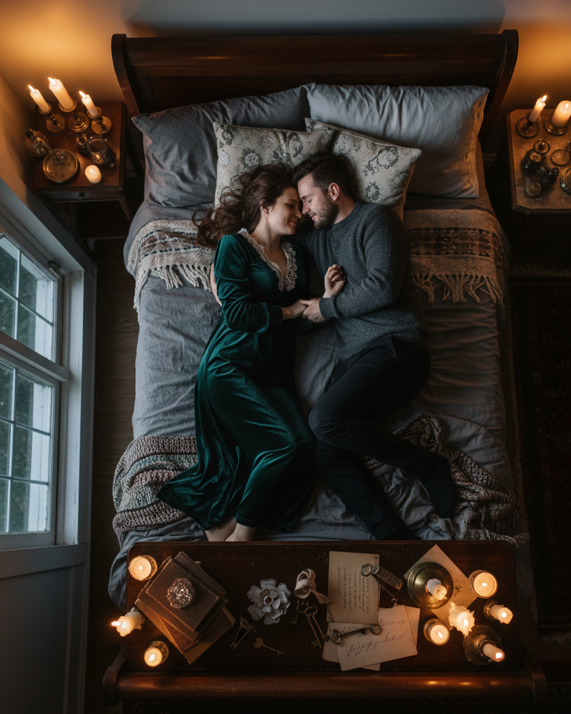Engaged couple lying in bed surrounded by candles and decorative items