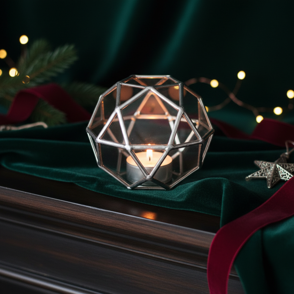 Silver geometric holder on forest velvet mantel