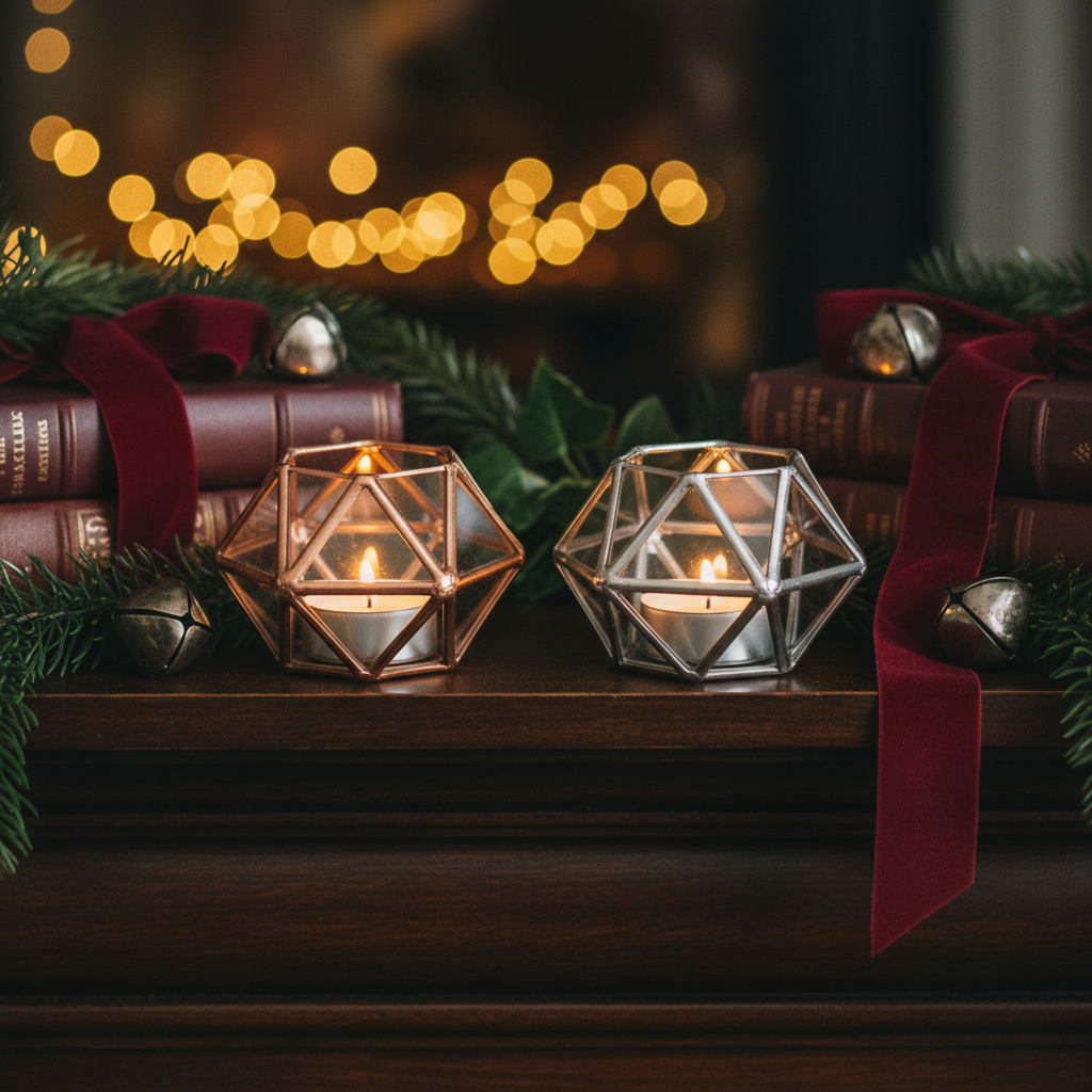 Silver geometric pair on library mantel