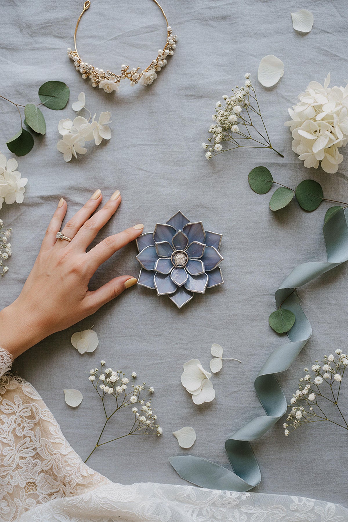 Blue stained glass lotus wedding ring holder, a handmade something blue bridal keepsake