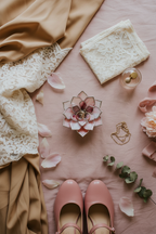 Handmade stained glass flower ring dish in dusty rose and blush pink tones with silver edges, holding wedding rings at the center; styled on soft blush fabric with lace, silk ribbon, perfume bottle, gold jewelry, and bridal shoes, ideal for wedding flat lay photography, engagement ring holder, bridal morning details, and romantic gift for bride or couple.