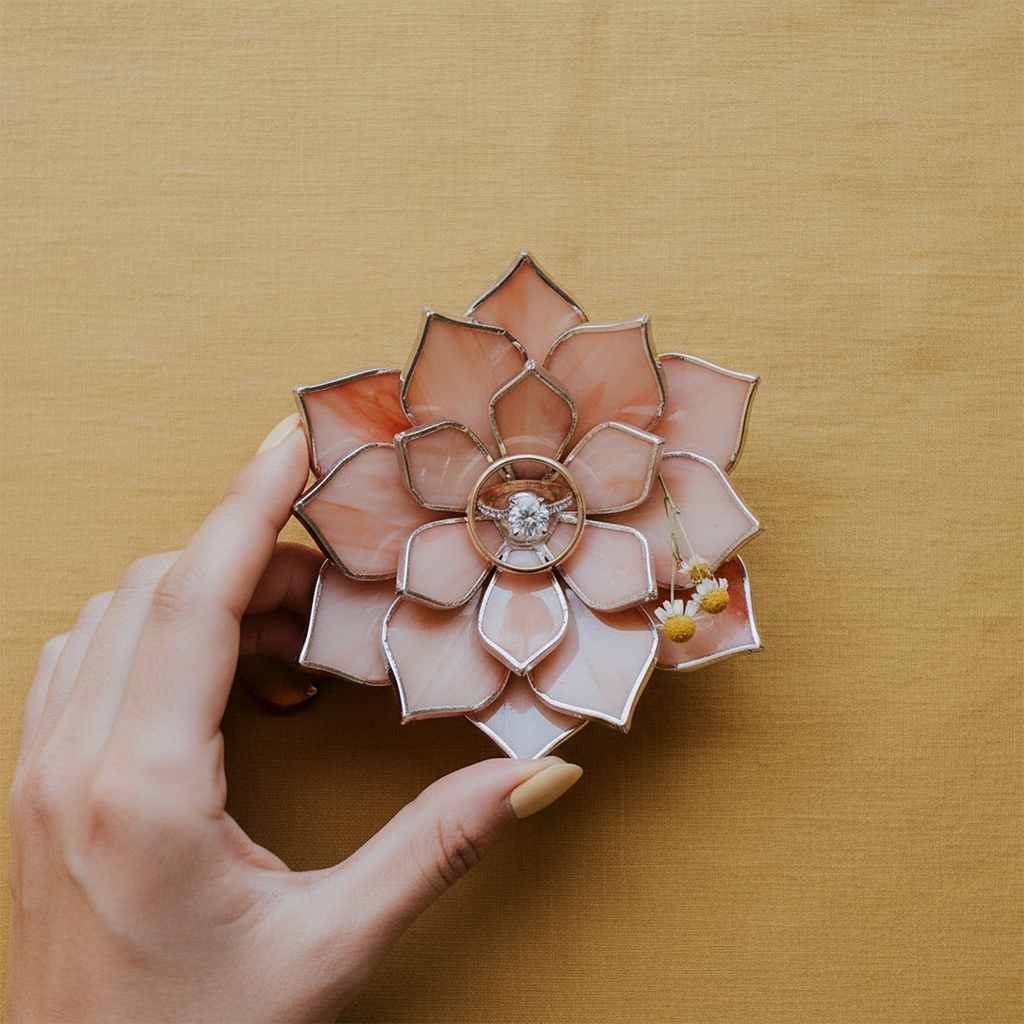 Hand holding a handmade stained glass flower ring dish in blush pink and soft rose tones with copper edges, featuring a central ring holder with an engagement ring; styled on warm mustard background, ideal for ring display, wedding ring holder, engagement flat lay, proposal styling, and meaningful gift for her or couple.