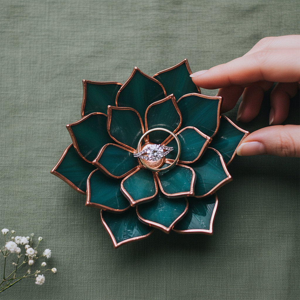 Hand placing an engagement ring into a handmade stained glass succulent ring dish in deep teal green with copper edges; floral jewelry holder with central ring slot, ideal for engagement ring display, wedding ring holder, ceremony styling, proposal photography, and unique gift for couple.