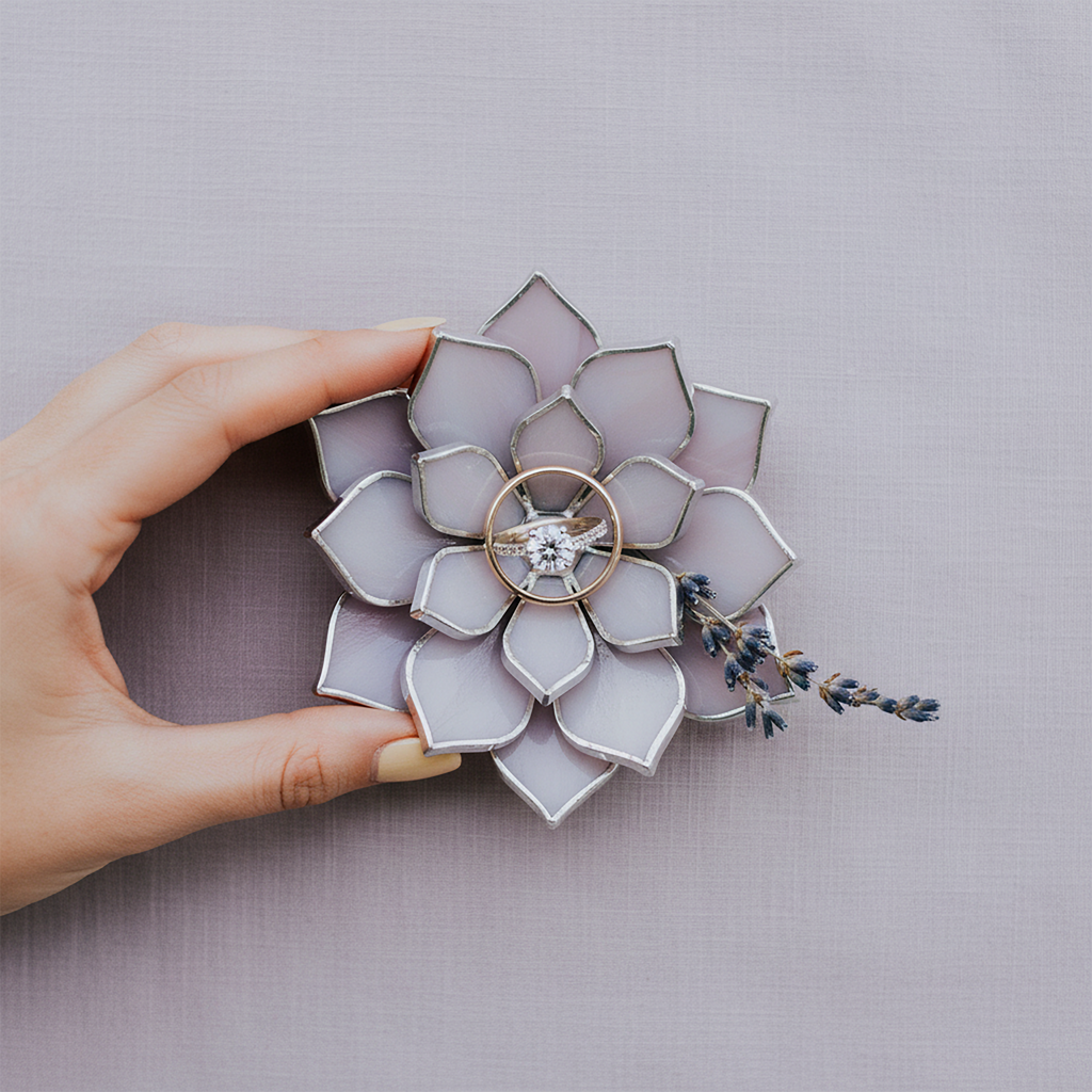 Floral-shaped lavender jewelry box with a ring inside, held by a hand on a pale lavender background