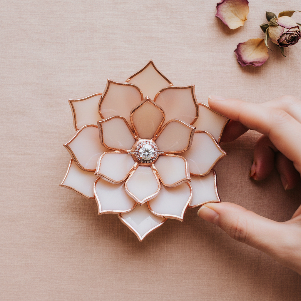 Hand touching a handmade stained glass flower ring dish in soft blush pink and ivory tones with copper edges, featuring a central engagement ring holder; minimal flat lay on neutral background, ideal for wedding ring display, engagement flat lay styling, proposal detail, and romantic gift for her or couple.