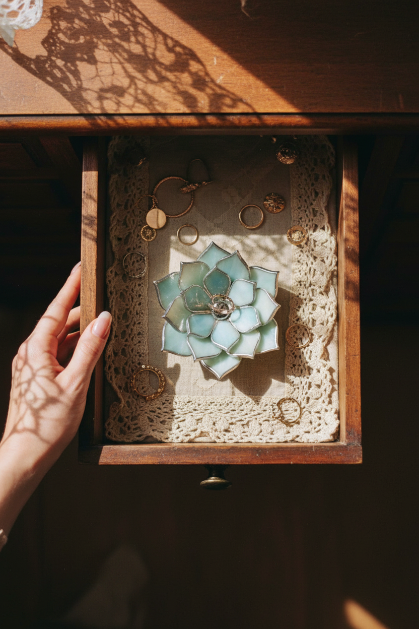 Glass Succulent Jewelry Dish • Handmade Bedside Ring Holder • Vintage Inspired Trinket Tray