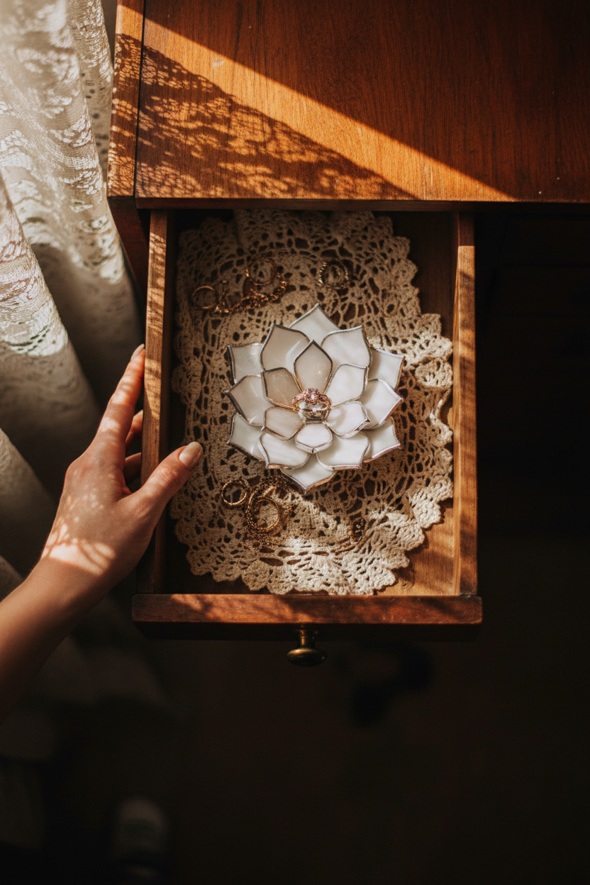 Hand holding a wooden drawer with jewelry dish inside and decorative elements on a dark background