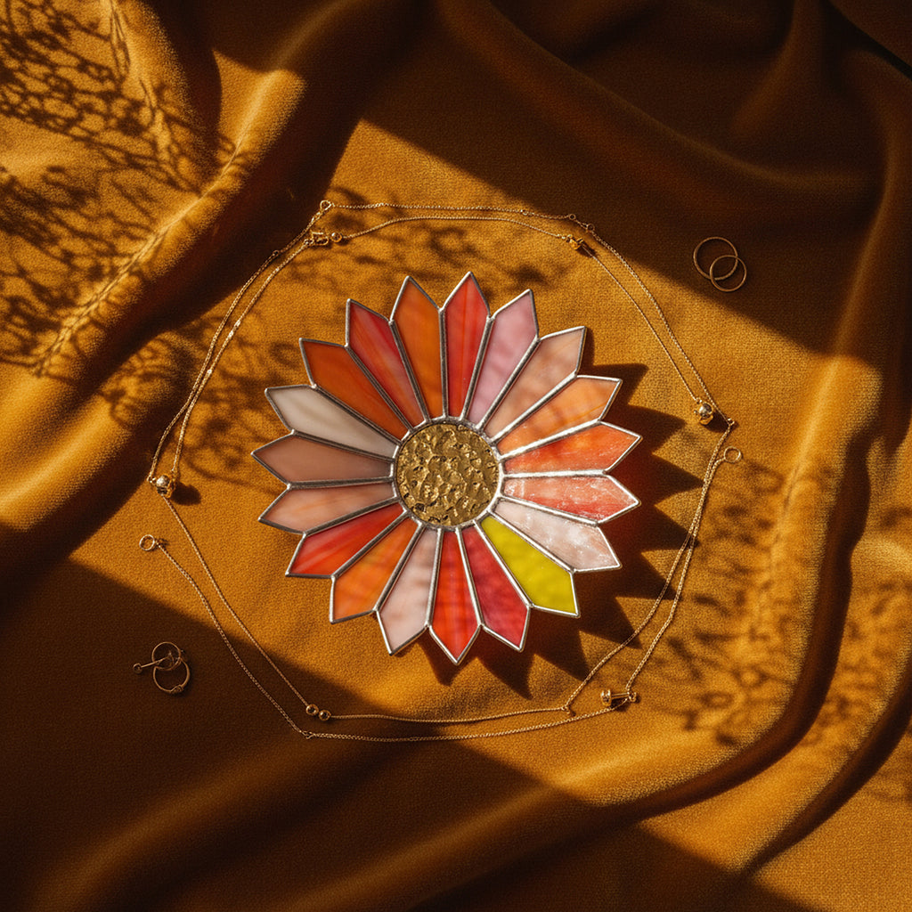 Sunburst shaped stained glass jewelry tray on a brown velvet surface